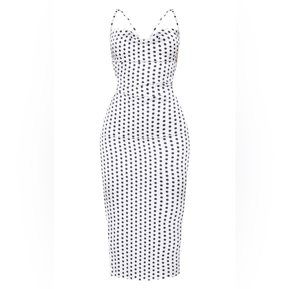 White Polka Dot Satin Strappy Back Midi Dress